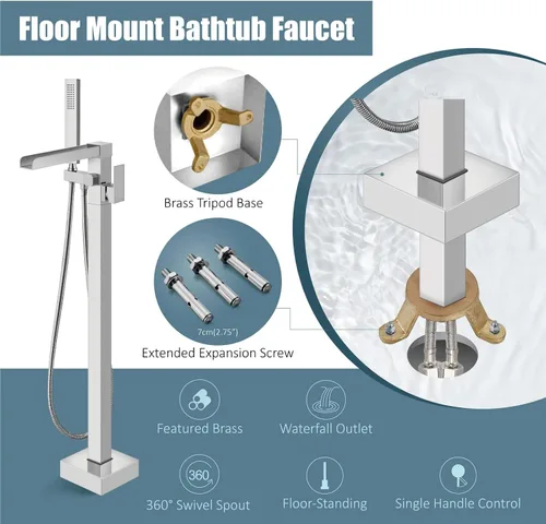 Miniatura 5 de Aolemi Grifo de bañera independiente para montaje en el piso, relleno de bañera de latón de una sola manija, grifo de bañera de pie con rociador