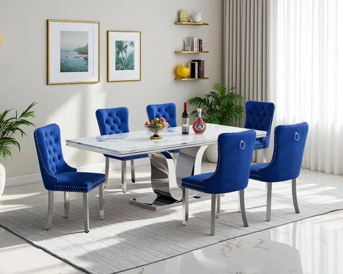 Miniatura 52 de Henf Juego de mesa de comedor de mármol sintético de 68 pulgadas para 6, juego de mesa de comedor de 7 piezas con 6 sillas copetudas de terciopelo