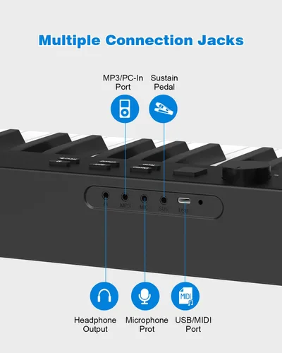 Miniatura 5 de Teclado de piano plegable de 88 teclas, teclado de piano portátil con tecla semipesada estándar, piano plegable con soporte Bluetooth/MIDI con Negro