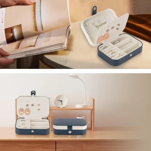 Miniatura 6 de Smileshe Joyero, estuche de viaje portátil pequeño de piel sintética, organizador de 2 capas, cajas de almacenamiento para anillos, aretes