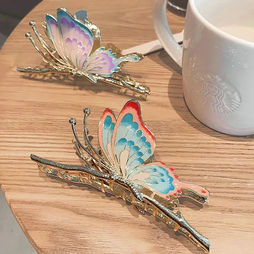 Miniatura 7 de Grandes pinzas de mandíbula de metal antideslizantes con mariposa brillante para mujeres - Agarre fuerte y bonito, accesorios para el cabello