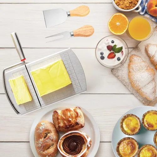 Miniatura 6 de Rebanador de queso con 2 piezas de cuchillo de queso, cortador de queso multiusos de acero inoxidable para queso en bloque con juego de 2 piezas