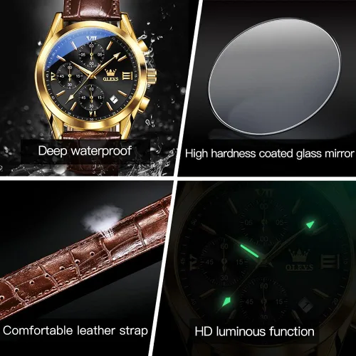 Miniatura 6 de OLEVS Reloj cronógrafo para hombre, reloj de pulsera analógico de cuarzo con correa de cuero para hombre (azulblanconegrodorado)