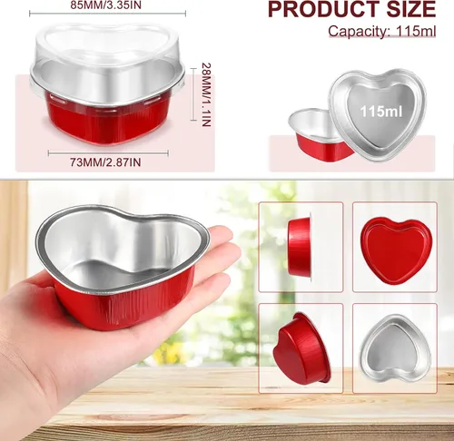 Miniatura 2 de Cunhill 60 juegos de moldes para pasteles en forma de corazón con tapas, 3.4 onzas líquidas, papel de aluminio, mini moldes desechables para blanco
