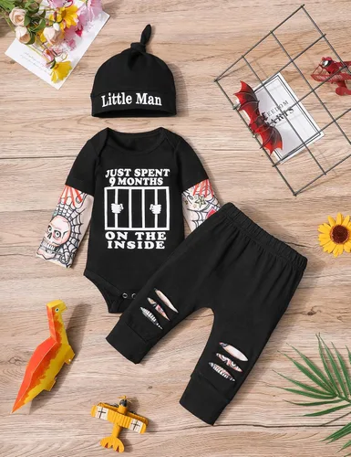 Miniatura 4 de Conjunto de 3 piezas de ropa para bebé y niño, manga de tatuaje, mameluco divertido y pantalones