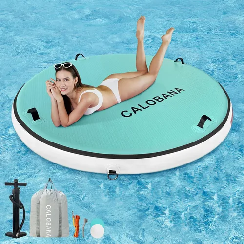 Miniatura 10 de CALOBANA Hamaca de agua inflable redonda flotante, flota lago isla balsa plataforma de muelle inflable para adultos, piscina, río, fiesta