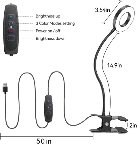 Miniatura 4 de Lámpara LED de escritorio con clip con 3 modos de color, 10 anillos de brillo/luz de abrazadera, cuello ajustable de 360°, regulable, protección