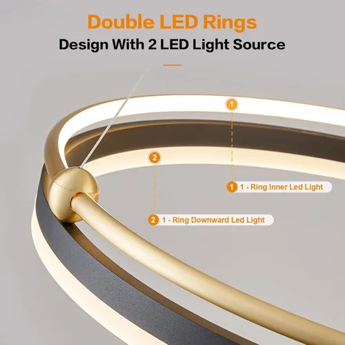 Miniatura 2 de Benkut Lámpara colgante LED moderna D24 pulgadas, color negro dorado, lámpara LED circular regulable, 1 anillo con control remoto, luz colgante