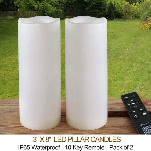 Miniatura 2 de Paquete de 2 velas LED blancas para exteriores de 3 x 8 pulgadas, sin perfume, IP65, impermeable, funciona con pilas, pilar sin llama con control