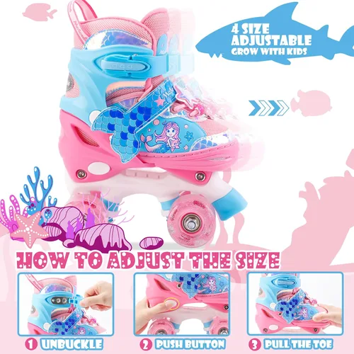 Miniatura 4 de Patines de Sirena para Niñas, MoSoulais 4 Tamaños Ajustables con Ruedas Iluminadas para Niños Pequeños, Patines para Mujeres Principiantes