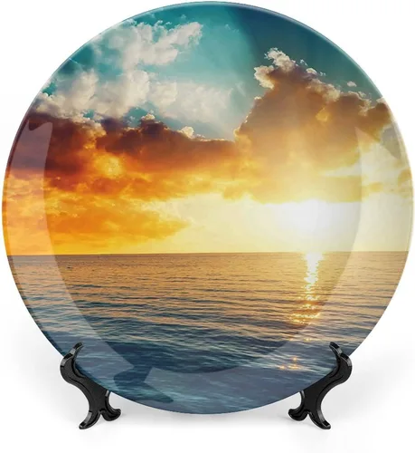 Miniatura 11 de XISUNYA Plato decorativo de porcelana de 6 pulgadas, plato de porcelana oceánica, superficie ondulada con fondo de grava, estampado de paisaje Azul