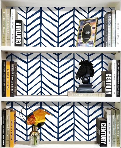 Miniatura 4 de HAOKHOME Papel tapiz azul marino para despegar y pegar, diseño moderno a rayas para baño, decoración extraíble de espiga de 17.7 pulgadas x 9.8 pies