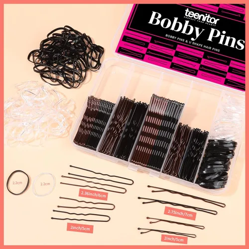 Miniatura 2 de Teenitor 300 piezas de pasadores y horquillas para el pelo, 100 pasadores y 100 horquillas marrones y negras para mujeres, 100 bandas para el pelo