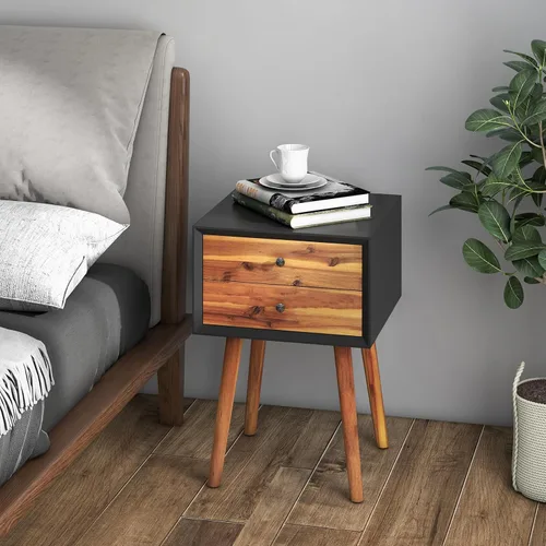 Miniatura 2 de GOFLAME Mesita de noche con 2 cajones, pequeña mesa auxiliar de madera, moderna de mediados de siglo con almacenamiento, mesa auxiliar compacta