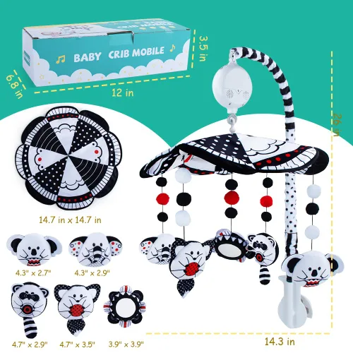 Miniatura 8 de Móvil para cuna de bebé, móvil con espejo, juguete de alto contraste en blanco y negro, recién nacidos, niños y niñas, juguetes giratorios