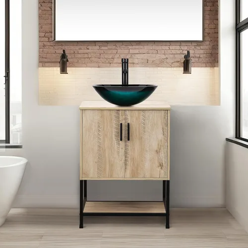 Miniatura 19 de UEV Tocador de Baño de Roble Rústico de 24" con Lavabo, Conjunto de Gabinete de Baño con Marco de Hierro Industrial con Puertas y Estante, con Combo
