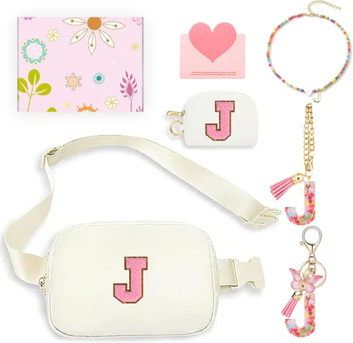 Miniatura 15 de Regalos de moda para niñas adolescentes, cangurera con monograma para niña con llavero, collar, dijes de taza, tarjeta de felicitación y caja