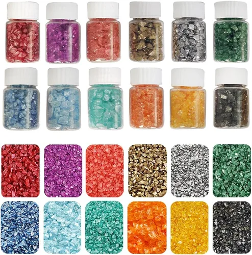 HappyFiller Arena de Vidrio Triturado de 12 Colores, 30 Gramos Cada Botella, Piezas de Vidrio Roto Triturado Piedras de Terrario para Arte de