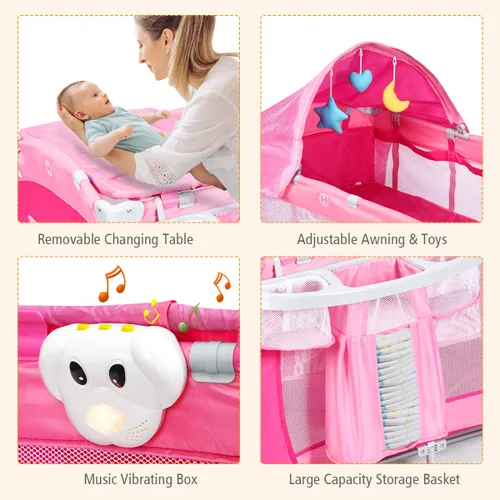 Miniatura 2 de Costzon 4 en 1 rosa Pack and Play con moisés, corralito portátil para bebé con toldo ajustable, entrada con cremallera lateral, caja de música
