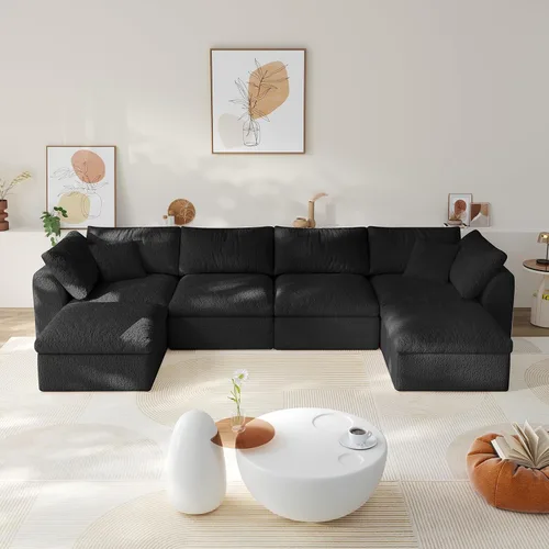 Miniatura 26 de Sofá modular de nube sin hueso de 108 pulgadas con asiento profundo para sala de estar, sofá en forma de L con otomana, tela de copo de nieve y Negro