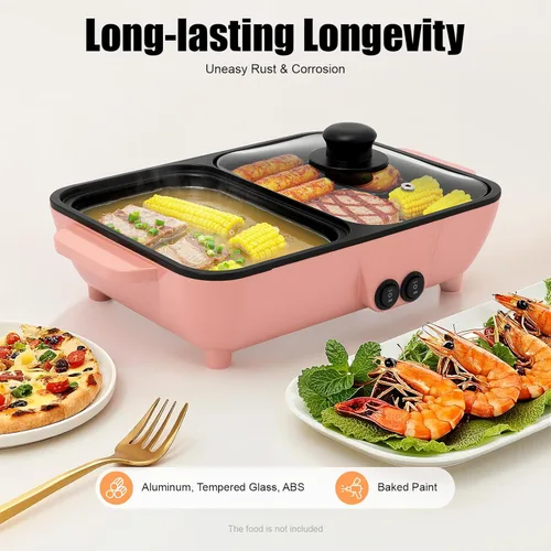 Miniatura 2 de Olla caliente con parrilla, olla caliente eléctrica antiadherente 2 en 1 para interiores y exteriores, control de temperatura independiente, Rosado