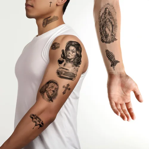 Miniatura 8 de Los Vatos Chicano Bundle - Tatuajes temporales Cholo y Chola para hombres y mujeres, Payasa, Lowrider, Virgen María, Oración, Cruz, Chicana