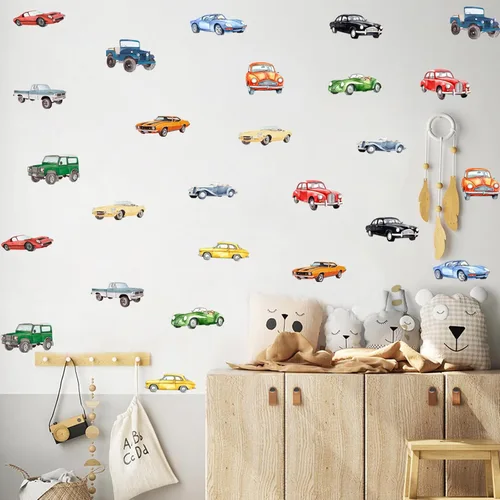 Pegatinas de Pared de Coche Clásico de Acuarela, Calcomanías de Pared de Vinilo de Coche de Carreras Retro Vehículo Todoterreno, Arte de Pared de