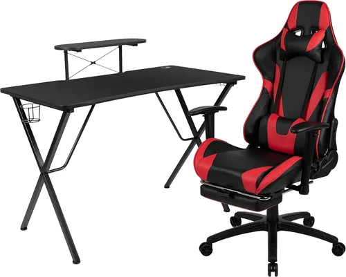 Miniatura 14 de Flash Furniture Juego de escritorio para juegos negro y silla de carreras blanco/negro con soporte para tazas, gancho para auriculares y soporte