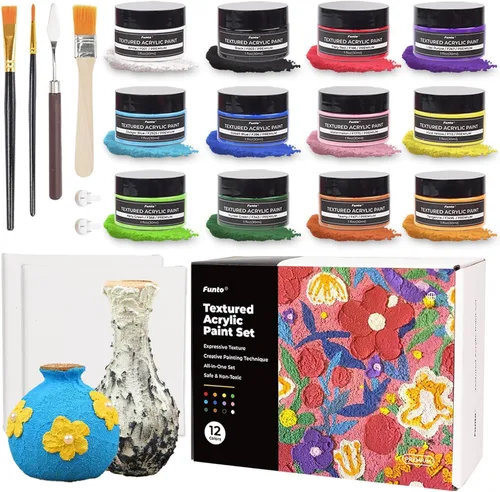 Funto Juego de pintura acrílica texturizada, 12 colores, kit completo de pintura con herramientas y lienzos, kit de suministros de pintura para