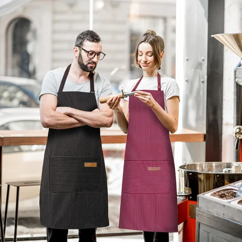 Miniatura 5 de BeLuyi - Paquete de 2 delantales ajustables con peto, delantales de chef para cocina, restaurante, con 2 bolsillos, delantales para mujeres