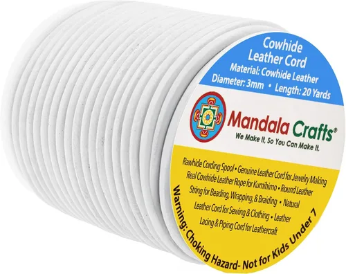 Miniatura 15 de Mandala Crafts Cordón Redondo de Cuero de Piel de Vaca Genuino Beige para Fabricación de Joyas Kumihimo Carrete de Cuerda de Cuero - Cordón