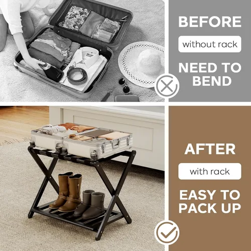 Miniatura 5 de oakvivo Portaequipajes negro totalmente montado para habitación de invitados, soporte plegable de bambú para maleta con 5 correas de nailon, soporte