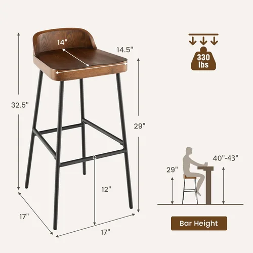 Miniatura 3 de COSTWAY Juego de 4 taburetes de bar industriales de 29 pulgadas con respaldo bajo y reposapiés, patas de metal, silla de altura de mostrador