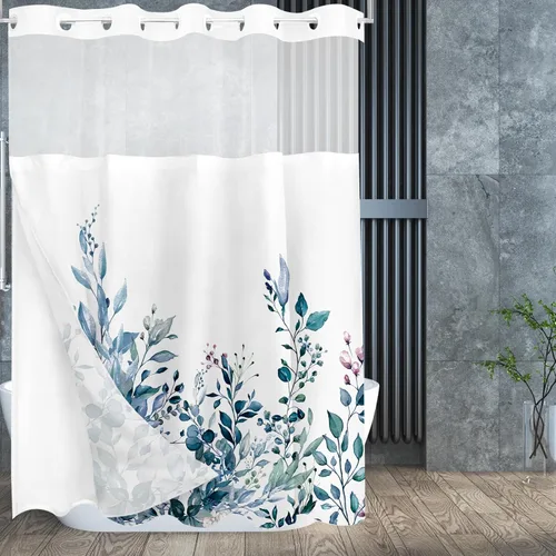 Miniatura 126 de Tititex Spun Sugar - Juego de cortinas de ducha de eucalipto azul claro, hojas de acuarela brillantes en la parte superior, decoración floral