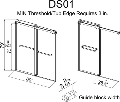 Miniatura 6 de Puerta de regadera sin marco, 56-61 pulgadas (ancho) x 79 pulgadas (alto), ancho ajustable, vidrio templado transparente de 3/8 pulgadas (10 mm)