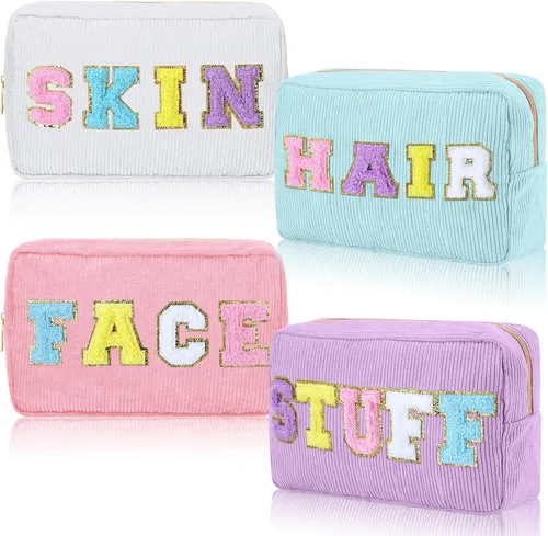 Miniatura 17 de Pinkunn 4 Piezas Bolsas de Maquillaje Preppy Bolsas de Chenilla con Letras de Viaje Organizador Facial Piel Cabello Higiene Cosmética Bolsa de Aseo