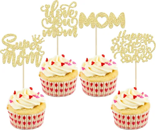 Miniatura 18 de Gyufise 1 pieza de decoración de pastel para el Día de la Madre con purpurina de corazón Love You Mom Cake Pick Rose Flower Best Mom Cupcake Decor
