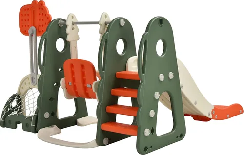 Miniatura 8 de Costzon - Juego de tobogán y columpio 6 en 1 para niños pequeños, juego de escalador grande con aro de baloncesto, portería de fútbol y hoyo