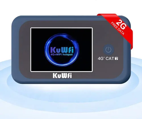 KuWFi Hotspot WiFi portátil para exteriores, enrutador WiFi 4G LTE Cat7 con tarjeta SIM de datos de 2 GB (requiere itinerancia), batería de 3000
