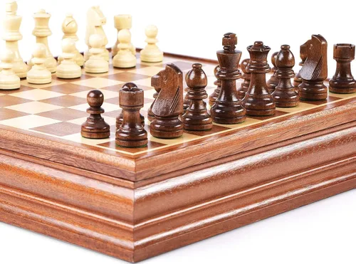 Miniatura 2 de VAMSLOVE Juegos de mesa de ajedrez y damas para adultos, tablero de madera de lujo de 15 pulgadas con caja de almacenamiento, tamaño grande clásico