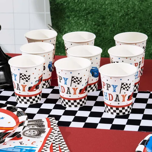 Miniatura 5 de WERNNSAI Decoraciones de fiesta de autos de carreras, 64 piezas, platos de automóvil, servilletas y tazas, vajilla temática a cuadros para niños