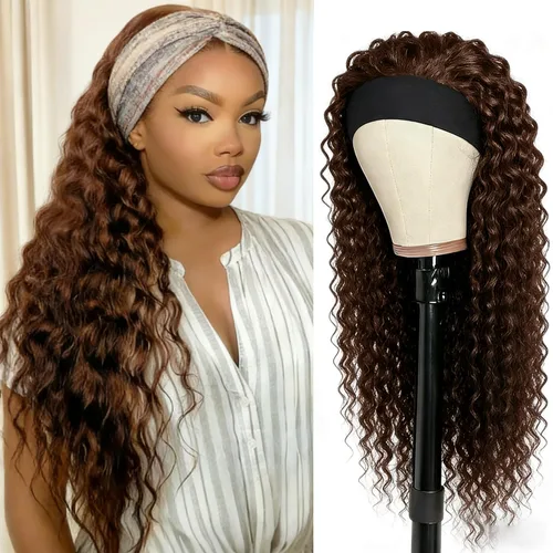 Miniatura 20 de XSY: Peluca de diadema de cabello humano de onda profunda sin pegamento, sin encaje frontal, peluca de diadema rizada, lista para usar y llevar