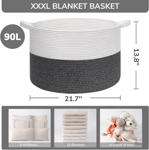 Miniatura 3 de INDRESSME Cesta de cuerda de algodón XXXL de 21.7 x 21.7 x 13.8 pulgadas, cestas tejidas para ropa sucia para bebé, canasta de manta, cestas