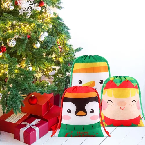 Miniatura 5 de Xuniea 24 Piezas Bolsas de Tela con Cordón Navideñas Muñeco de Nieve Santa Bolsas de Golosinas 10 x 7 Pulgadas Bolsa de Envolver Regalos Navideños