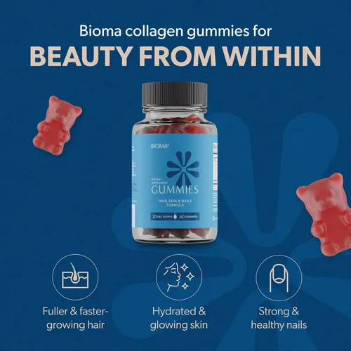 Miniatura 2 de BIOMA Gomitas de belleza para cabello, piel y uñas, apoya el crecimiento y la fuerza con biotina, colágeno, zinc y vitaminas C y D, sin gluten, 180