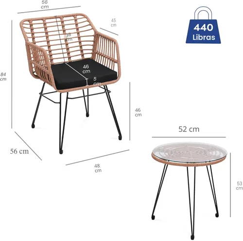 Miniatura 2 de KROFEM - Juego de 3 piezas de muebles de mimbre para patio estilo bistró, incluye 2 sillas de ratán y mesa con tapa de vidrio, ideal para porche