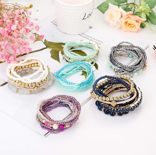 Miniatura 7 de LOYALLOOK Juego de 6 pulseras de cuentas apilables bohemias para mujer pulseras elásticas estilo bohemio elásticas de varias capas