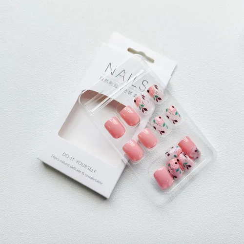 Miniatura 4 de Uñas postizas a presión de otoño, uñas postizas cuadradas cortas de cobertura completa con diseño de flores rosas, lindas uñas acrílicas brillantes