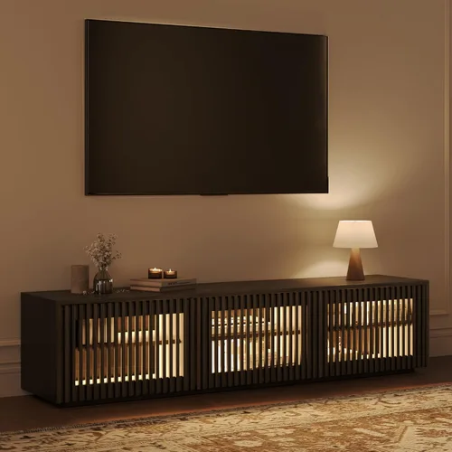 Miniatura 17 de POVISON Soporte de TV Moderno de Mediados de Siglo Completamente Ensamblado, Consola Multimedia de Listones de Madera de 59.06" para TV de 55