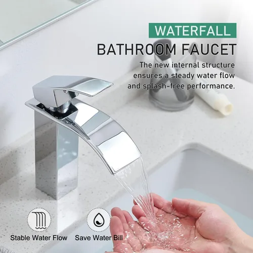 Miniatura 3 de VOTON - Grifo de baño cromado moderno de una sola manija en cascada para 1 o 3 agujeros con placa de cubierta, grifo de baño utilitario para Cromo